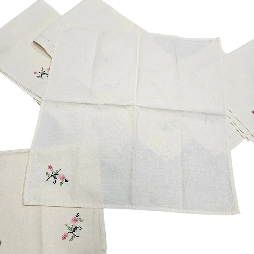 Vintage Set of 10 Ivory‎ Cloth Napkins Pink Floral Cross Stitch Embroidery 15x15
